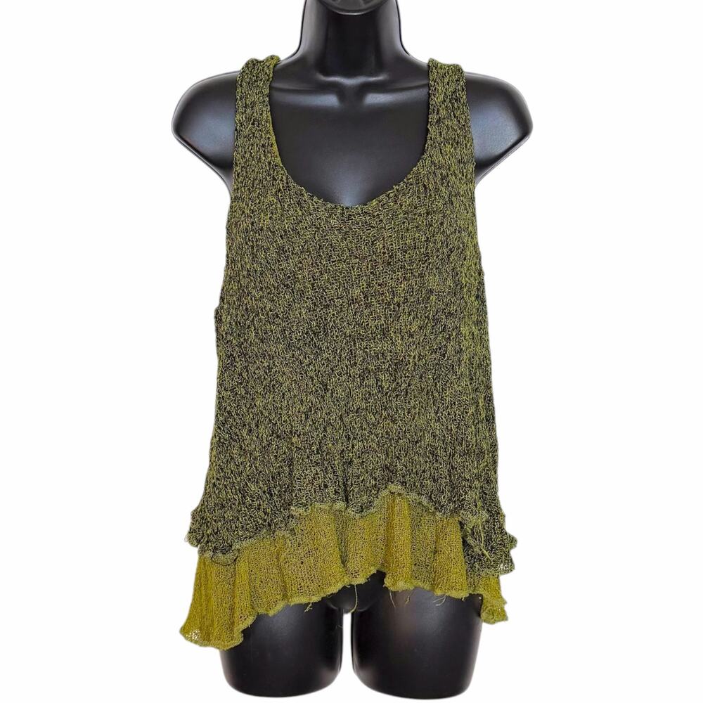 Tanami Y2K Bohemian Distressed Open Knit Tank Top Green Ruffle Hem Camisole XL